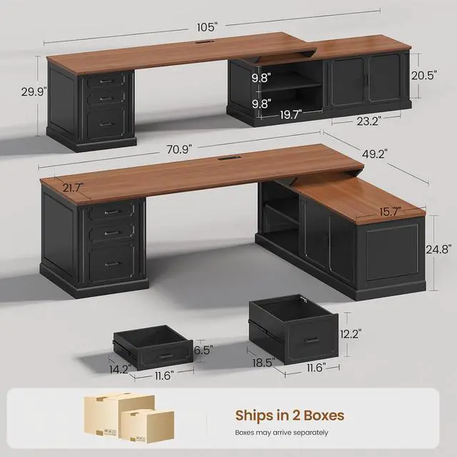 Alt view image 2 of 7 - Farmhouse L Shaped Desk with Drawers, 70.9" Home Office Desk with Storage Cabinet and Storage Shelves, L Shaped Computer Desk with Power OutletBlack+Brown