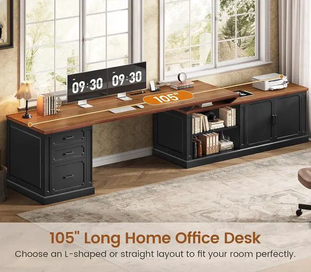 Alt view image 3 of 7 - Farmhouse L Shaped Desk with Drawers, 70.9" Home Office Desk with Storage Cabinet and Storage Shelves, L Shaped Computer Desk with Power OutletBlack+Brown