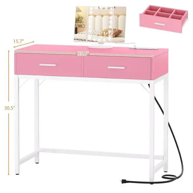 Alt view image 6 of 7 - Vanity Desk with Mirror and Lights, 36'' Makeup Vanity Desk with Power Outlet, Small Vanities Set Dressing Table with Drawers for Bedroom, Pink
