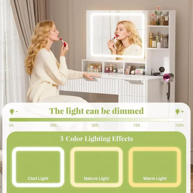 Alt view image 2 of 7 - Fluted Vanity Desk with Mirror and Lights, Wood Makeup Vanity Desk with Power Strips, Modern Dressing Table with Drawers & Cabinet for Bedroom, White