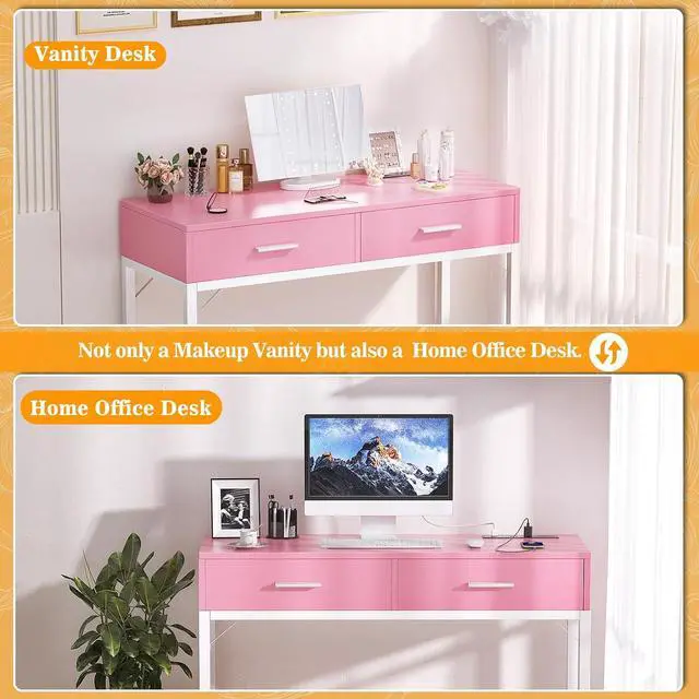 Alt view image 4 of 7 - Vanity Desk with Mirror and Lights, 36'' Makeup Vanity Desk with Power Outlet, Small Vanities Set Dressing Table with Drawers for Bedroom, Pink