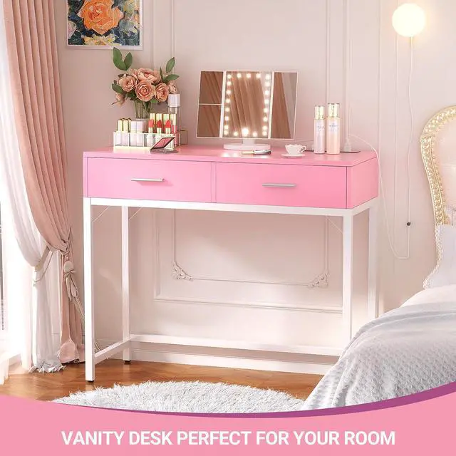 Alt view image 5 of 7 - Vanity Desk with Mirror and Lights, 36'' Makeup Vanity Desk with Power Outlet, Small Vanities Set Dressing Table with Drawers for Bedroom, Pink