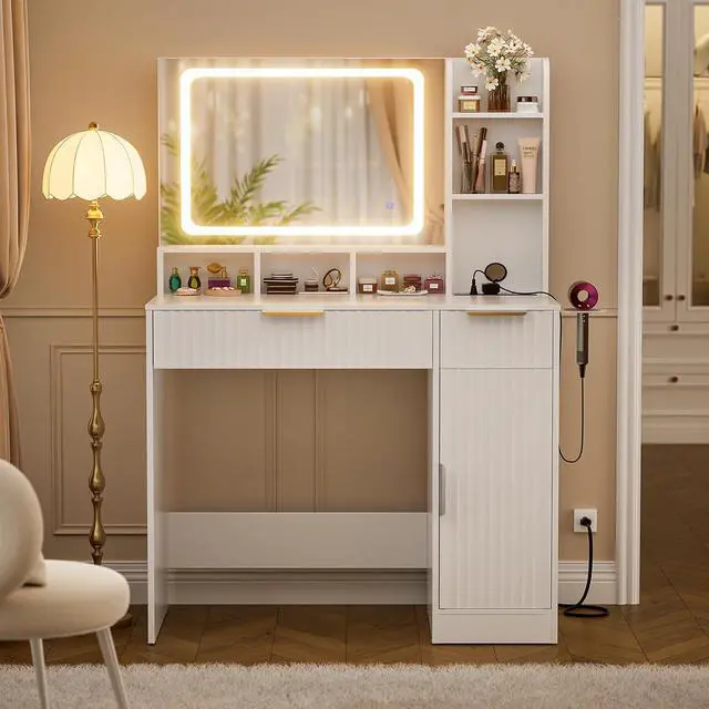 Alt view image 3 of 7 - Fluted Vanity Desk with Mirror and Lights, Wood Makeup Vanity Desk with Power Strips, Modern Dressing Table with Drawers & Cabinet for Bedroom, White