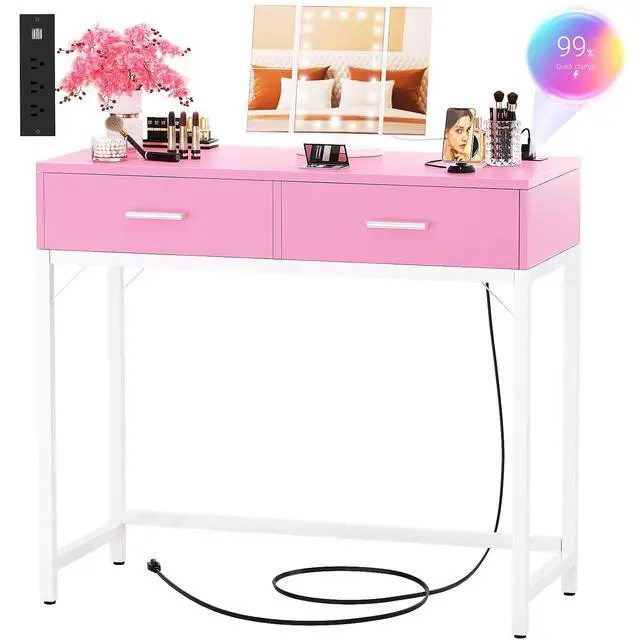 Alt view image 7 of 7 - Vanity Desk with Mirror and Lights, 36'' Makeup Vanity Desk with Power Outlet, Small Vanities Set Dressing Table with Drawers for Bedroom, Pink
