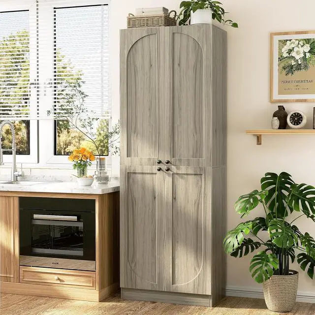Alt view image 7 of 7 - 80" Kitchen Pantry, Extra Tall Arch Storage Cabinet with 8 Soft Close Doors and Adjustable Shelves, Freestanding Wood Cupboard with Seamless Fit Wall for Dining Living Room Bathroom Furniture