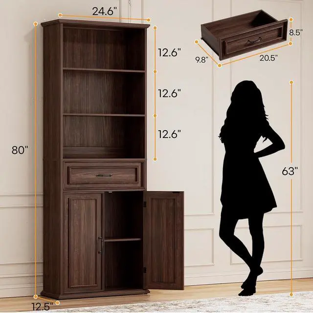 Alt view image 2 of 7 - 80" Tall Bookcase Set of 2, Farmhouse 2 Set Bookshelves with Drawer and Doors, Floor Standing 6 Shelf Display Storage Cabinet for Home Office, Living Room (2, Black Walnut)