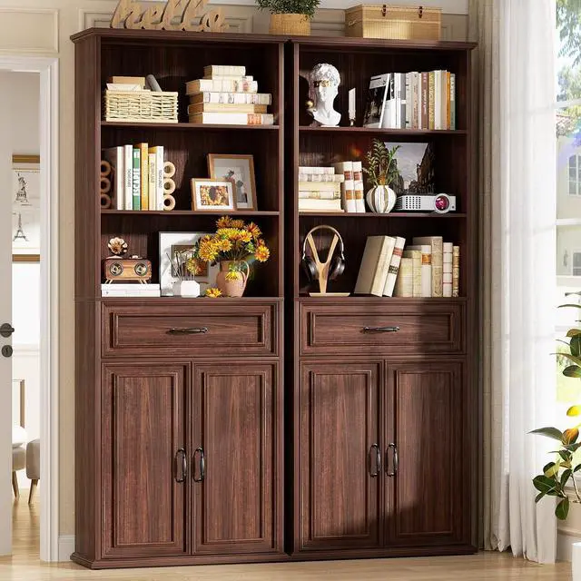 Main image of 80" Tall Bookcase Set of 2, Farmhouse 2 Set Bookshelves with Drawer and Doors, Floor Standing 6 Shelf Display Storage Cabinet for Home Office, Living Room (2, Black Walnut)