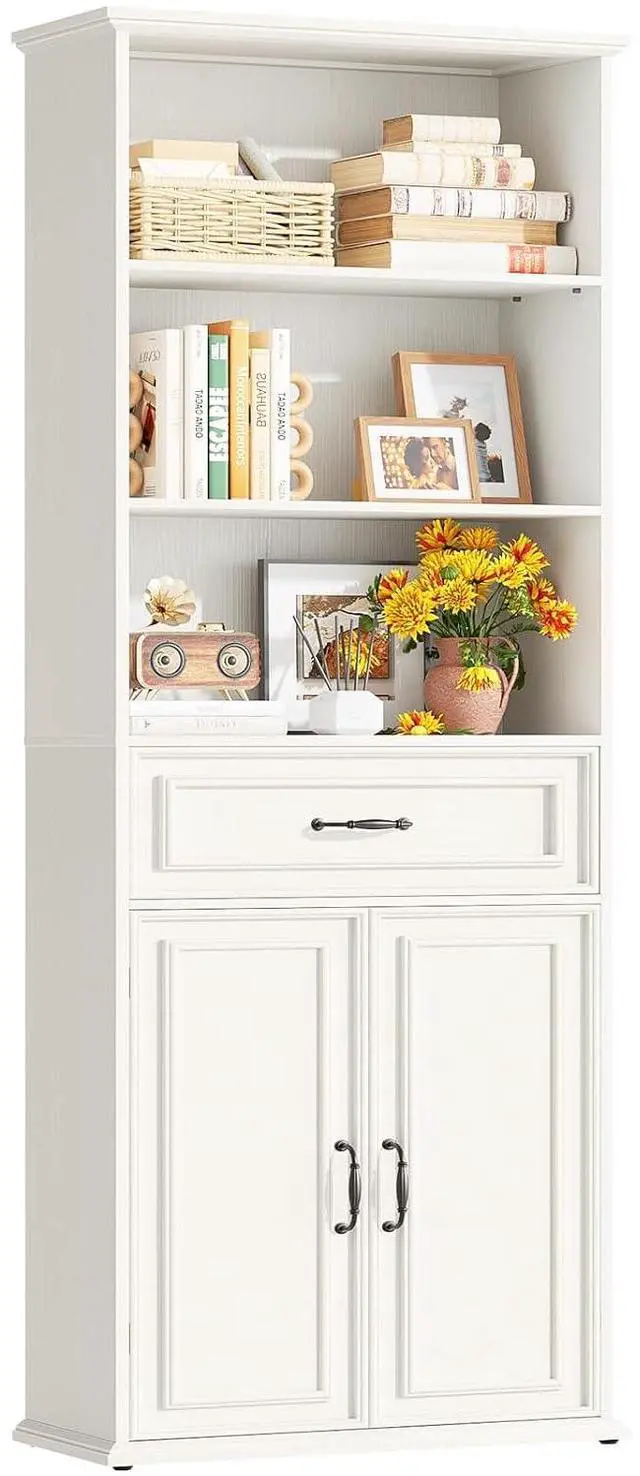 Alt view image 3 of 7 - 80" Tall Bookcase, Farmhouse Bookshelves with Drawer and Doors, Floor Standing 6 Shelf Display Storage Cabinet for Home Office, Living Room (1, Antique White)