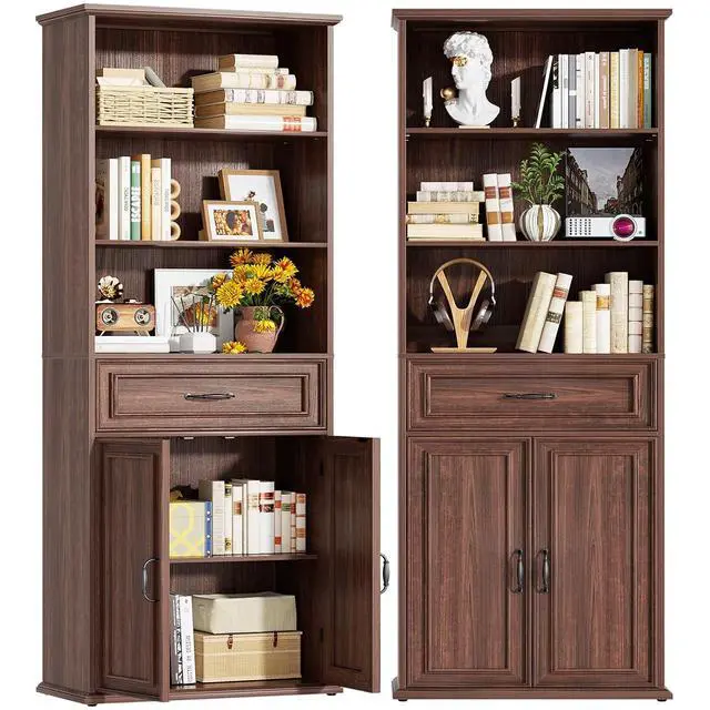 Alt view image 3 of 7 - 80" Tall Bookcase Set of 2, Farmhouse 2 Set Bookshelves with Drawer and Doors, Floor Standing 6 Shelf Display Storage Cabinet for Home Office, Living Room (2, Black Walnut)