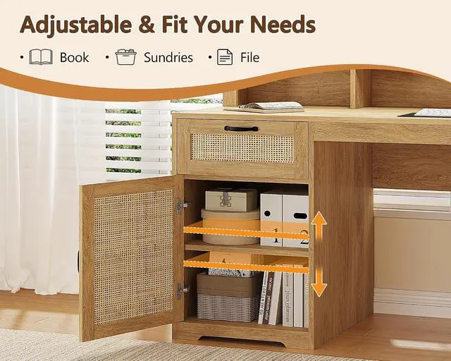 Alt view image 6 of 7 - Farmhouse 63" L Shaped Desk with Drawers and Storage Shelf, Home Office Desk with Power Outlets, Storage Cabinet, Corner Computer Desk with Long Monitor Stand, Oak/Rattan