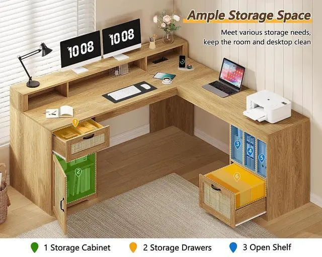Alt view image 7 of 7 - Farmhouse 63" L Shaped Desk with Drawers and Storage Shelf, Home Office Desk with Power Outlets, Storage Cabinet, Corner Computer Desk with Long Monitor Stand, Oak/Rattan