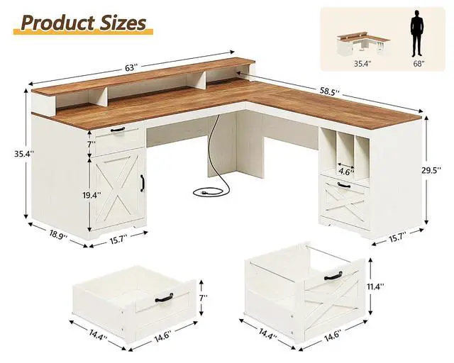 Alt view image 2 of 7 - Farmhouse 63" L Shaped Desk with Drawers and Storage Shelf, Home Office Desk with Power Outlets, Storage Cabinet, Corner Computer Desk with Long Monitor Stand, Brown and White