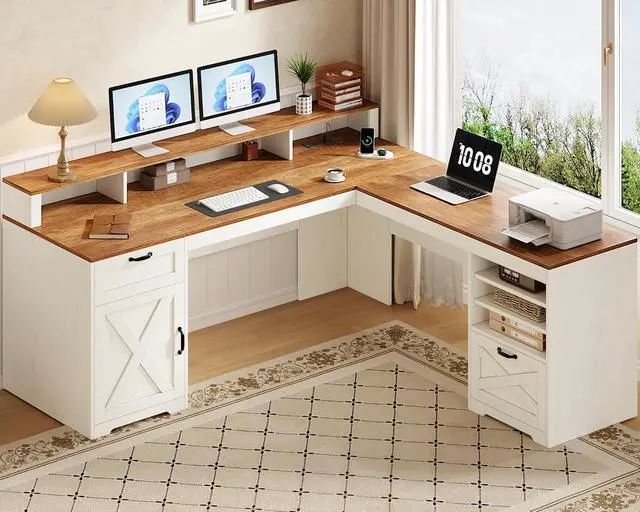Alt view image 3 of 7 - Farmhouse 63" L Shaped Desk with Drawers and Storage Shelf, Home Office Desk with Power Outlets, Storage Cabinet, Corner Computer Desk with Long Monitor Stand, Brown and White