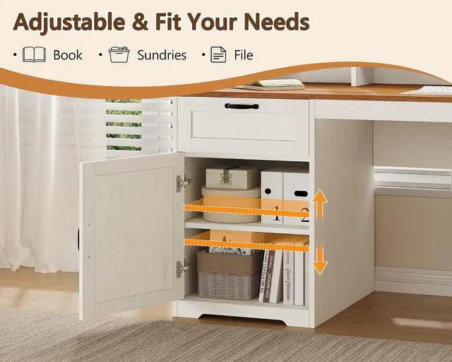 Alt view image 6 of 7 - Farmhouse 63" L Shaped Desk with Drawers and Storage Shelf, Home Office Desk with Power Outlets, Storage Cabinet, Corner Computer Desk with Long Monitor Stand, Brown and White