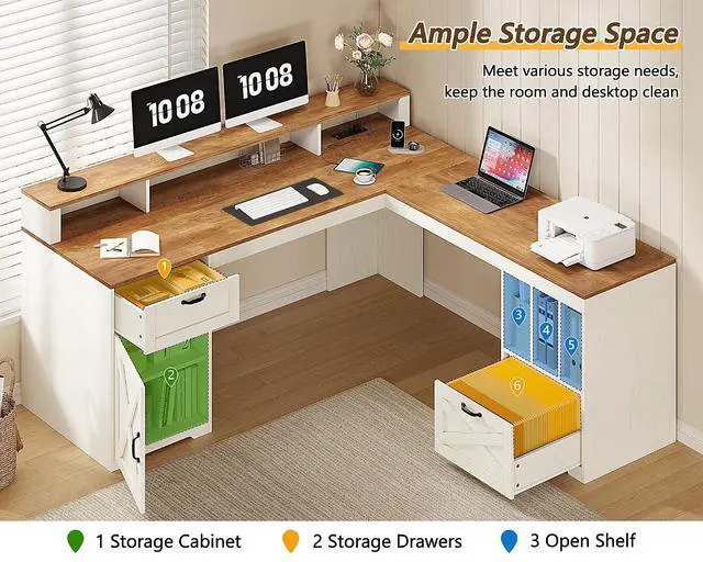 Alt view image 7 of 7 - Farmhouse 63" L Shaped Desk with Drawers and Storage Shelf, Home Office Desk with Power Outlets, Storage Cabinet, Corner Computer Desk with Long Monitor Stand, Brown and White