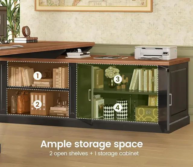 Alt view image 6 of 7 - Farmhouse L Shaped Desk with Drawers, 70.9" Home Office Desk with Storage Cabinet and Storage Shelves, L Shaped Computer Desk with Power OutletBlack+Brown