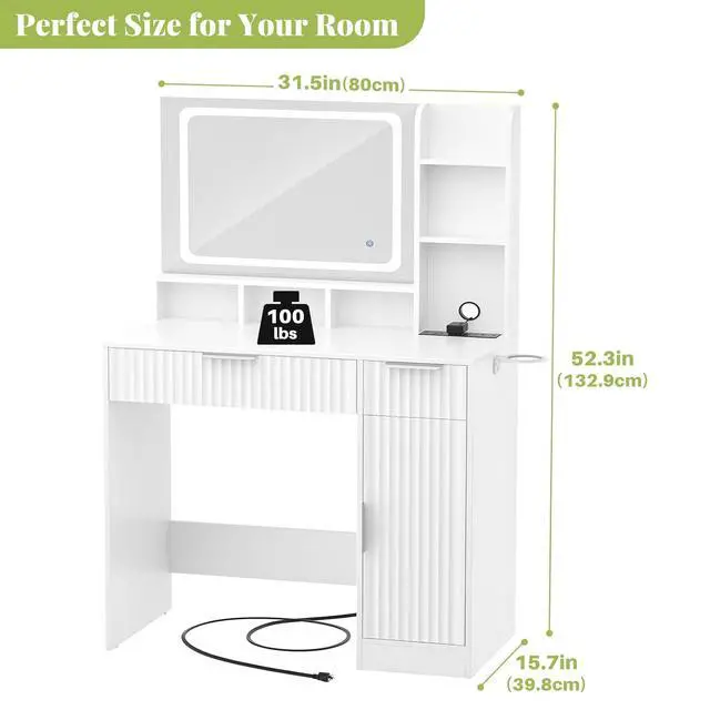 Alt view image 6 of 7 - Fluted Vanity Desk with Mirror and Lights, Wood Makeup Vanity Desk with Power Strips, Modern Dressing Table with Drawers & Cabinet for Bedroom, White