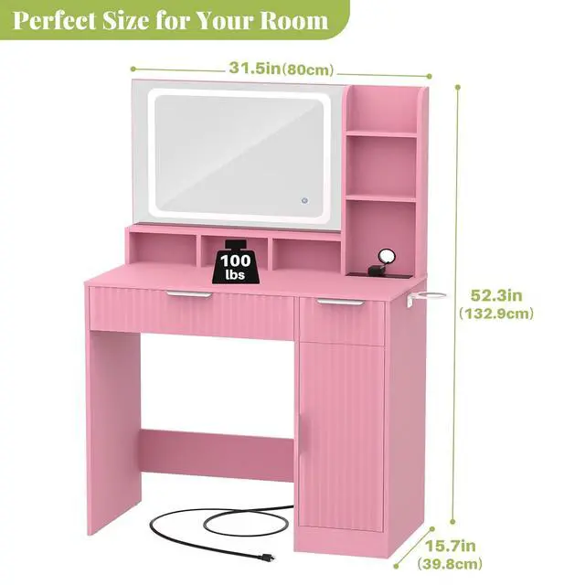 Alt view image 6 of 7 - Fluted Vanity Desk with Mirror and Lights, Wood Makeup Vanity Desk with Power Strips, Modern Dressing Table with Drawers & Cabinet for Bedroom, Pink
