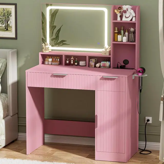 Main image of Fluted Vanity Desk with Mirror and Lights, Wood Makeup Vanity Desk with Power Strips, Modern Dressing Table with Drawers & Cabinet for Bedroom, Pink