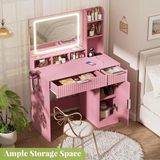 Alt view image 4 of 7 - Fluted Vanity Desk with Mirror and Lights, Wood Makeup Vanity Desk with Power Strips, Modern Dressing Table with Drawers & Cabinet for Bedroom, Pink