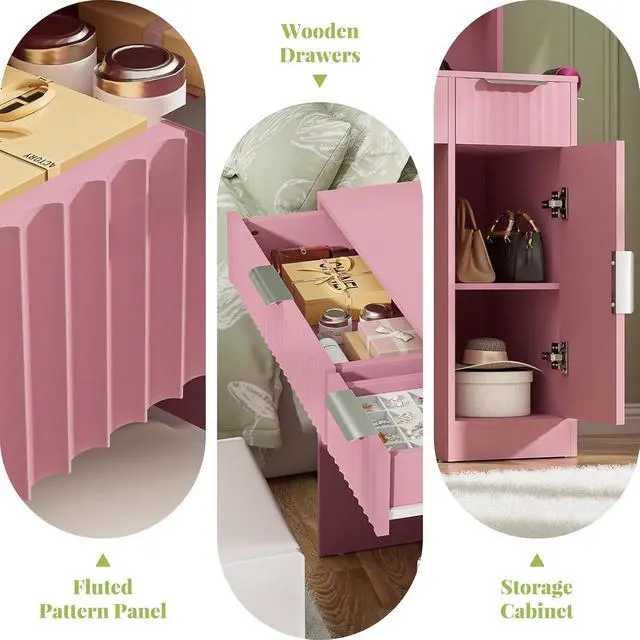 Alt view image 7 of 7 - Fluted Vanity Desk with Mirror and Lights, Wood Makeup Vanity Desk with Power Strips, Modern Dressing Table with Drawers & Cabinet for Bedroom, Pink