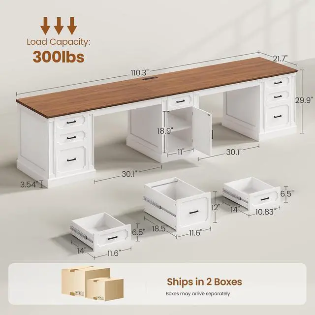 Alt view image 2 of 7 - Farmhouse 110.3" Two Person Desk with 7 Drawers, Long Computer Desk with Storage Cabinet, 2 Person Desk with Power Outlets for Home Office, White+Brown