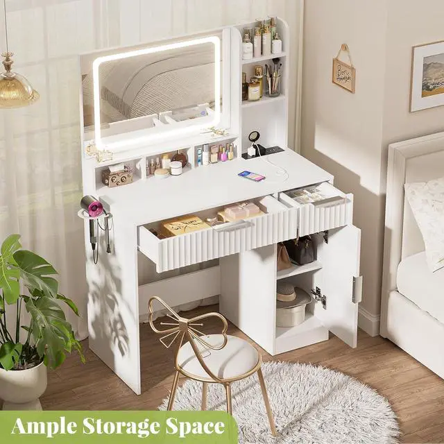 Alt view image 7 of 7 - Fluted Vanity Desk with Mirror and Lights, Wood Makeup Vanity Desk with Power Strips, Modern Dressing Table with Drawers & Cabinet for Bedroom, White