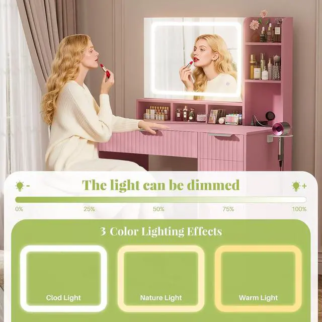 Alt view image 2 of 7 - Fluted Vanity Desk with Mirror and Lights, Wood Makeup Vanity Desk with Power Strips, Modern Dressing Table with Drawers & Cabinet for Bedroom, Pink