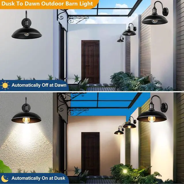 Alt view image 2 of 7 - 2-Pack Dusk to Dawn Outdoor Wall Sconces, Exterior Gooseneck Barn Light Fixtures Waterproof Black Farmhouse Outdoor Wall Lights Outside Wall Mount Light Fixture for Porch House Garage Patio