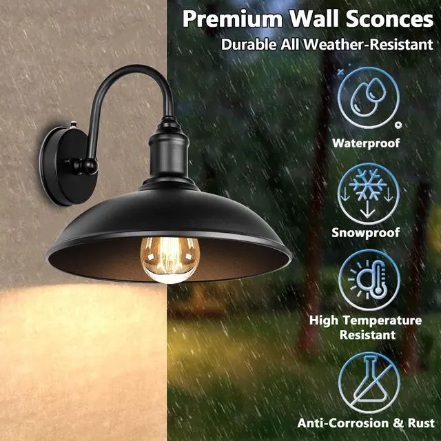 Alt view image 4 of 7 - 2-Pack Dusk to Dawn Outdoor Wall Sconces, Exterior Gooseneck Barn Light Fixtures Waterproof Black Farmhouse Outdoor Wall Lights Outside Wall Mount Light Fixture for Porch House Garage Patio