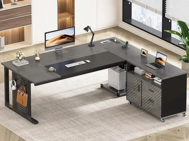Main image of 71" Executive Desk with Rolling File Cabinet, Large Office Desk with Drawers, L Shaped Computer Desk with Power Outlets, CPU Stand, Pegboard and Storage Shelves, Gray