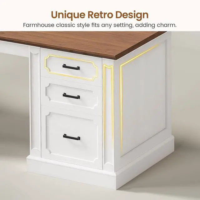 Alt view image 7 of 7 - Farmhouse 110.3" Two Person Desk with 7 Drawers, Long Computer Desk with Storage Cabinet, 2 Person Desk with Power Outlets for Home Office, White+Brown