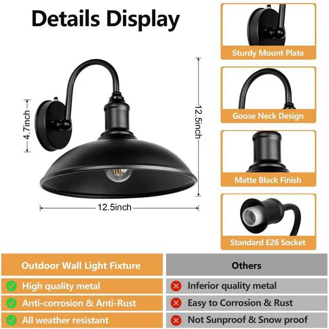 Alt view image 5 of 7 - 2-Pack Dusk to Dawn Outdoor Wall Sconces, Exterior Gooseneck Barn Light Fixtures Waterproof Black Farmhouse Outdoor Wall Lights Outside Wall Mount Light Fixture for Porch House Garage Patio