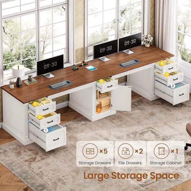 Alt view image 3 of 7 - Farmhouse 110.3" Two Person Desk with 7 Drawers, Long Computer Desk with Storage Cabinet, 2 Person Desk with Power Outlets for Home Office, White+Brown