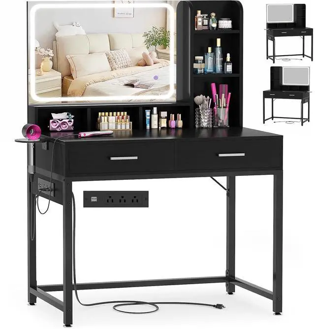 Main image of Small Vanity Desk, Vanity Desk with Mirror and Lights, Makeup Vanity Desks with Power Strip, Vanity Table with Drawers and Shelves, Adjustable Lighting, Dressing Table for Bedroom Room, Black