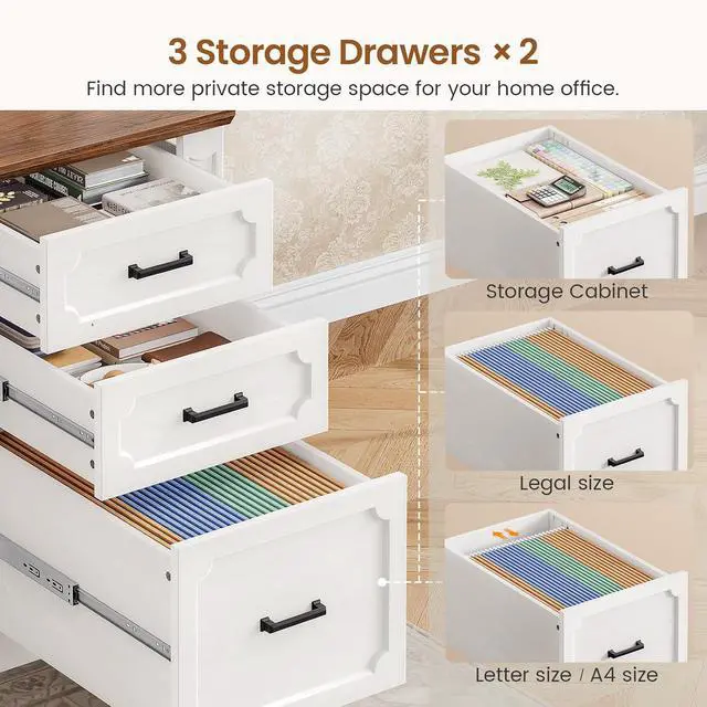 Alt view image 4 of 7 - Farmhouse 110.3" Two Person Desk with 7 Drawers, Long Computer Desk with Storage Cabinet, 2 Person Desk with Power Outlets for Home Office, White+Brown