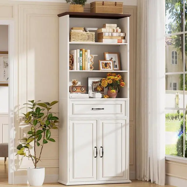 Main image of 80" Tall Bookcase, Farmhouse Bookshelves with Drawer and Doors, Floor Standing 6 Shelf Display Storage Cabinet for Home Office, Living Room (1, Antique White/Walnut)