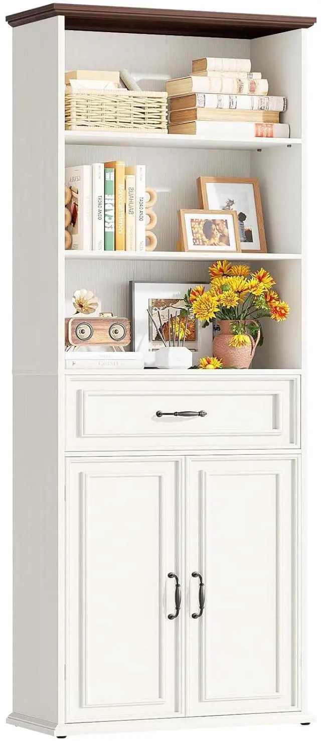 Alt view image 3 of 7 - 80" Tall Bookcase, Farmhouse Bookshelves with Drawer and Doors, Floor Standing 6 Shelf Display Storage Cabinet for Home Office, Living Room (1, Antique White/Walnut)