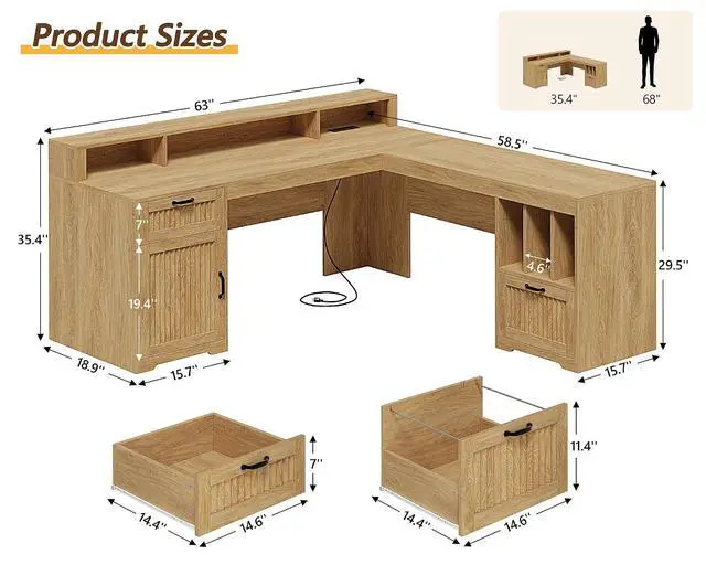 Alt view image 2 of 7 - 63" L Shaped Desk with Drawers, Farmhouse Corner Computer Desk with Power Outlets, Storage Cabinet, Home Office Executive Desk with Long Monitor Stand, Oak