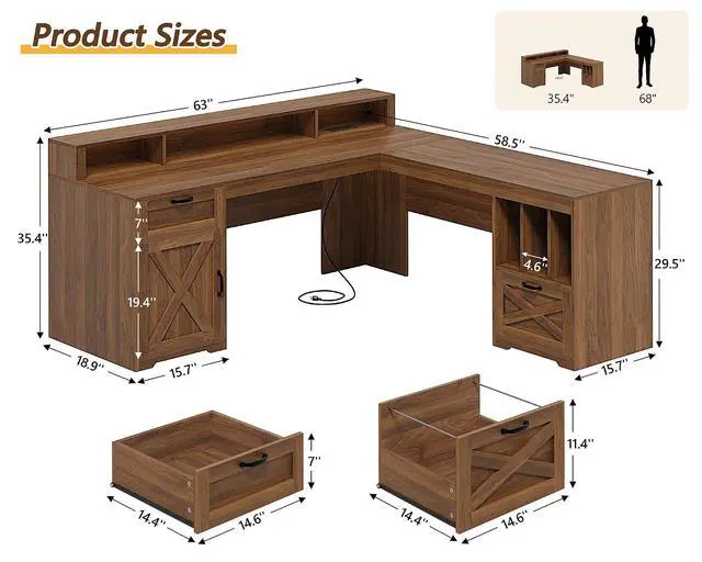 Alt view image 2 of 7 - 63" L Shaped Desk with Drawers, Farmhouse Corner Computer Desk with Power Outlets, Storage Cabinet, Home Office Executive Desk with Long Monitor Stand, Brown