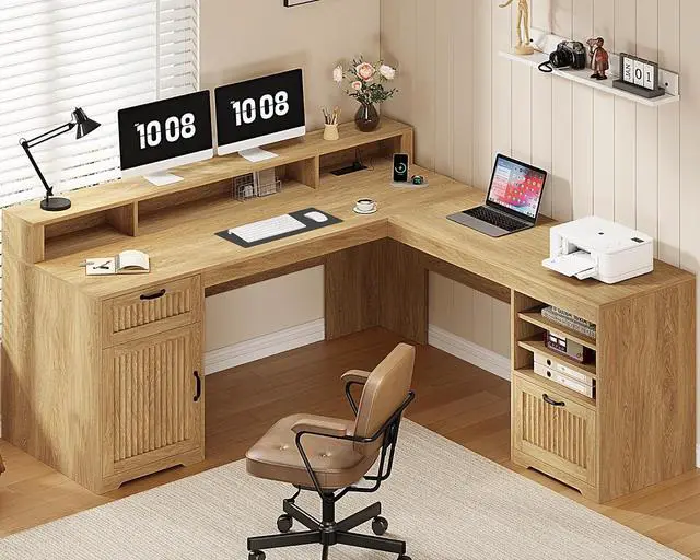Alt view image 3 of 7 - 63" L Shaped Desk with Drawers, Farmhouse Corner Computer Desk with Power Outlets, Storage Cabinet, Home Office Executive Desk with Long Monitor Stand, Oak