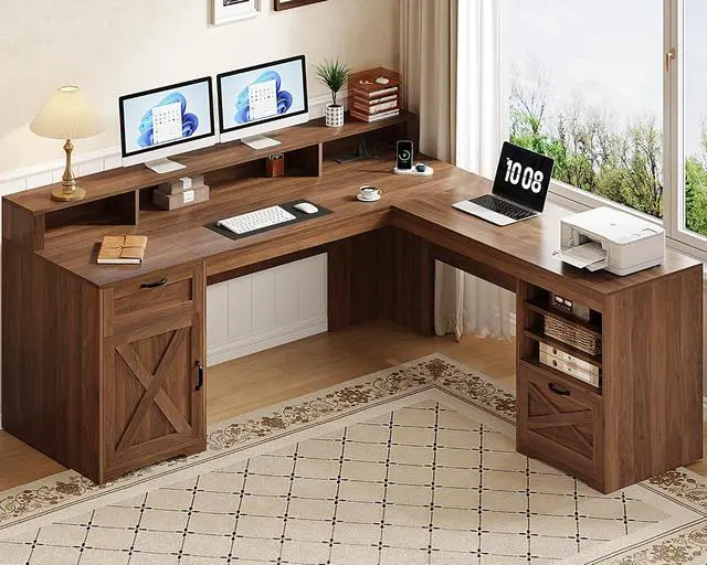 Alt view image 3 of 7 - 63" L Shaped Desk with Drawers, Farmhouse Corner Computer Desk with Power Outlets, Storage Cabinet, Home Office Executive Desk with Long Monitor Stand, Brown