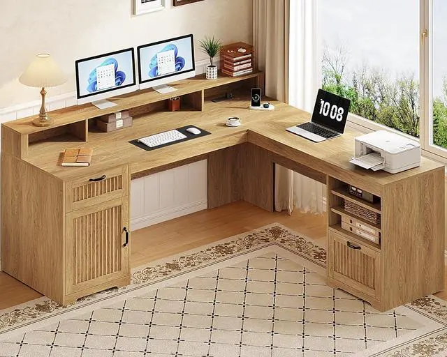 Main image of 63" L Shaped Desk with Drawers, Farmhouse Corner Computer Desk with Power Outlets, Storage Cabinet, Home Office Executive Desk with Long Monitor Stand, Oak
