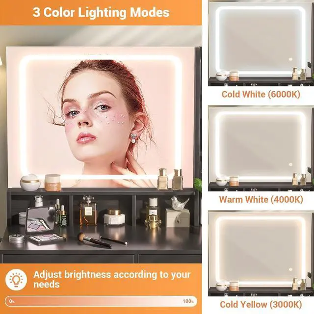Alt view image 2 of 7 - Small Vanity Desk, Vanity Desk with Mirror and Lights, Makeup Vanity Desks with Power Strip, Vanity Table with Drawers and Shelves, Adjustable Lighting, Dressing Table for Bedroom Room, Black