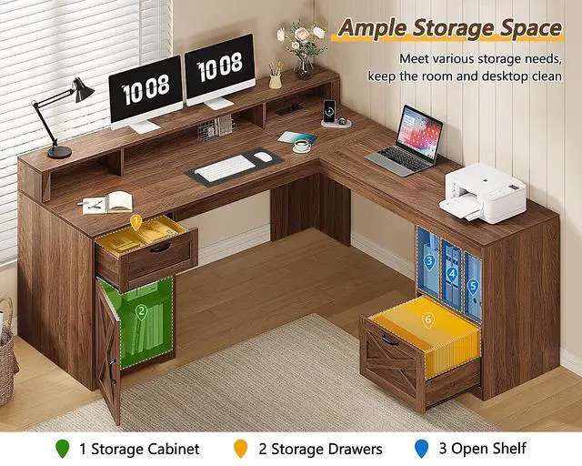 Alt view image 6 of 7 - 63" L Shaped Desk with Drawers, Farmhouse Corner Computer Desk with Power Outlets, Storage Cabinet, Home Office Executive Desk with Long Monitor Stand, Brown