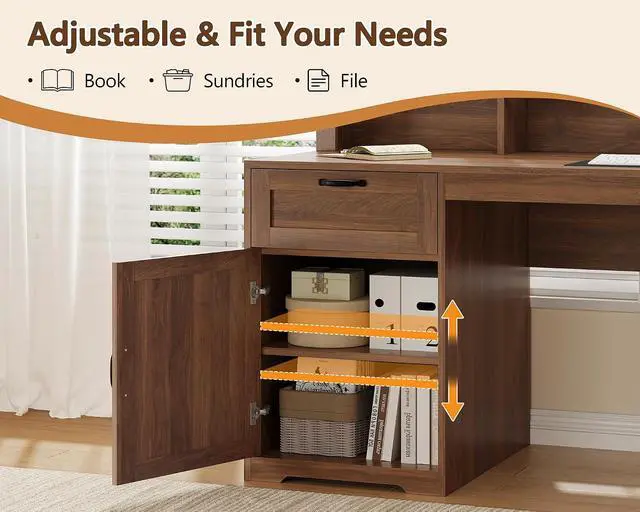 Alt view image 5 of 7 - 63" L Shaped Desk with Drawers, Farmhouse Corner Computer Desk with Power Outlets, Storage Cabinet, Home Office Executive Desk with Long Monitor Stand, Brown