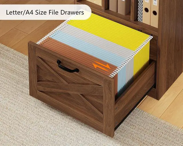 Alt view image 7 of 7 - 63" L Shaped Desk with Drawers, Farmhouse Corner Computer Desk with Power Outlets, Storage Cabinet, Home Office Executive Desk with Long Monitor Stand, Brown