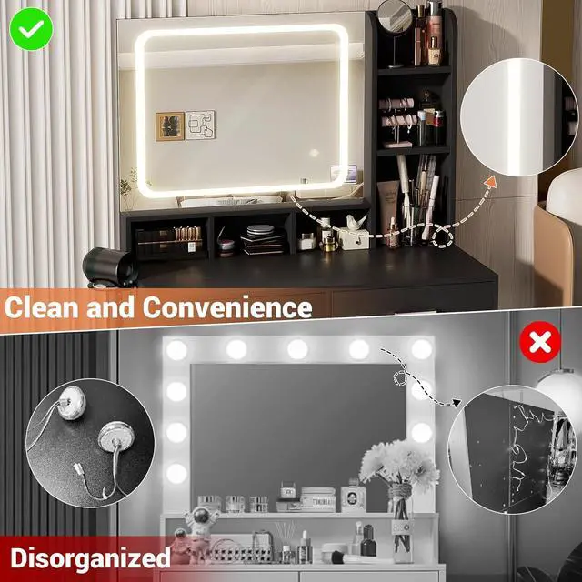 Alt view image 3 of 7 - Small Vanity Desk, Vanity Desk with Mirror and Lights, Makeup Vanity Desks with Power Strip, Vanity Table with Drawers and Shelves, Adjustable Lighting, Dressing Table for Bedroom Room, Black