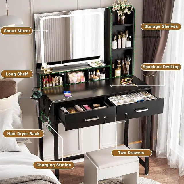 Alt view image 4 of 7 - Small Vanity Desk, Vanity Desk with Mirror and Lights, Makeup Vanity Desks with Power Strip, Vanity Table with Drawers and Shelves, Adjustable Lighting, Dressing Table for Bedroom Room, Black