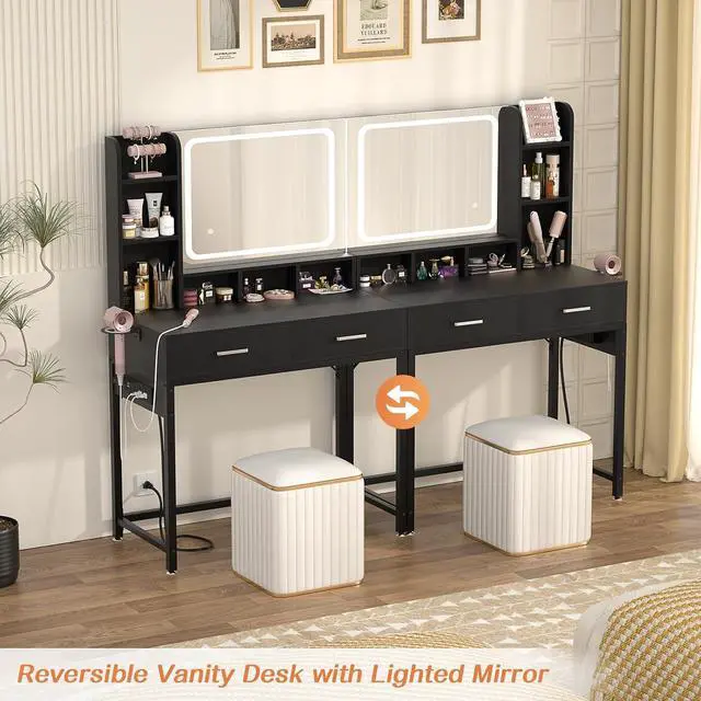 Alt view image 7 of 7 - Small Vanity Desk, Vanity Desk with Mirror and Lights, Makeup Vanity Desks with Power Strip, Vanity Table with Drawers and Shelves, Adjustable Lighting, Dressing Table for Bedroom Room, Black